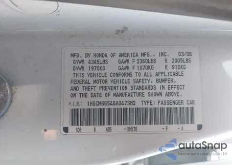 2006 Honda Accord 3.0 Ex из США, поврежденный, VIN 1HGCM66546A047382